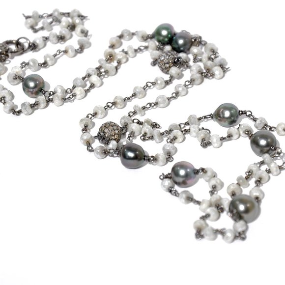 Tahitian Pearl & Diamond Station Long White Sapphire Necklace - Picture 3 of 6